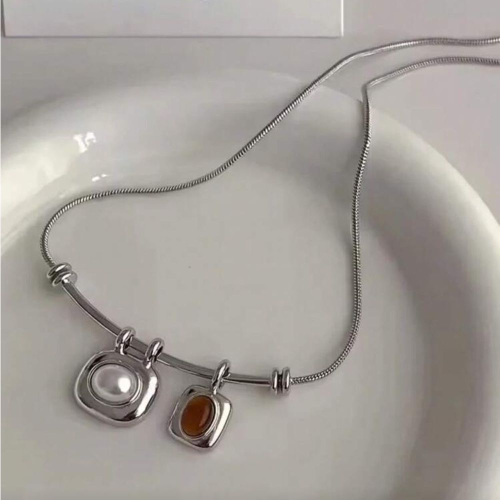 Anthropologie Silver Necklace with Pearl and Amber-Tone Pendant